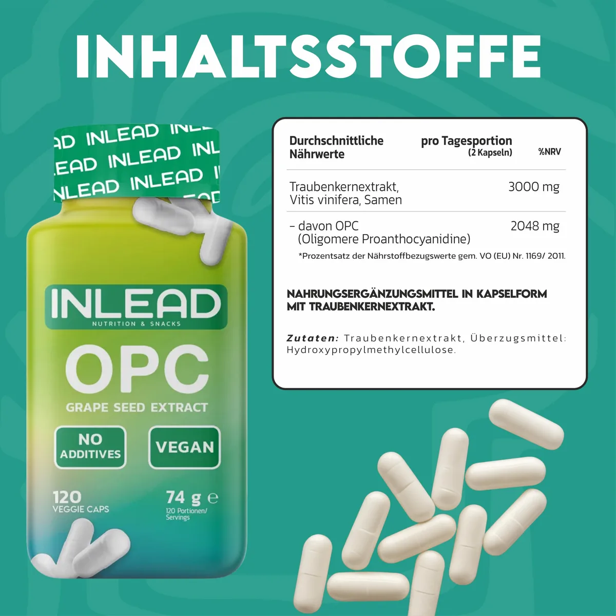 INLEAD - OPC Traubenkernextrakt | Hochdosiert mit 350 mg OPC pro Kapsel | 100% Pflanzlich & ohne Zusatzstoffe - 120 Kapseln – Bild 3