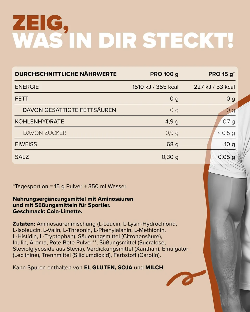 IronMaxx 100% EAAs Zero Cola & Lime 500g - EAAs Pulver hochdosiert, Vegan und zuckerfrei, 8 essentielle Aminosäuren zur Ergänzung deiner Sporternährung – Bild 5