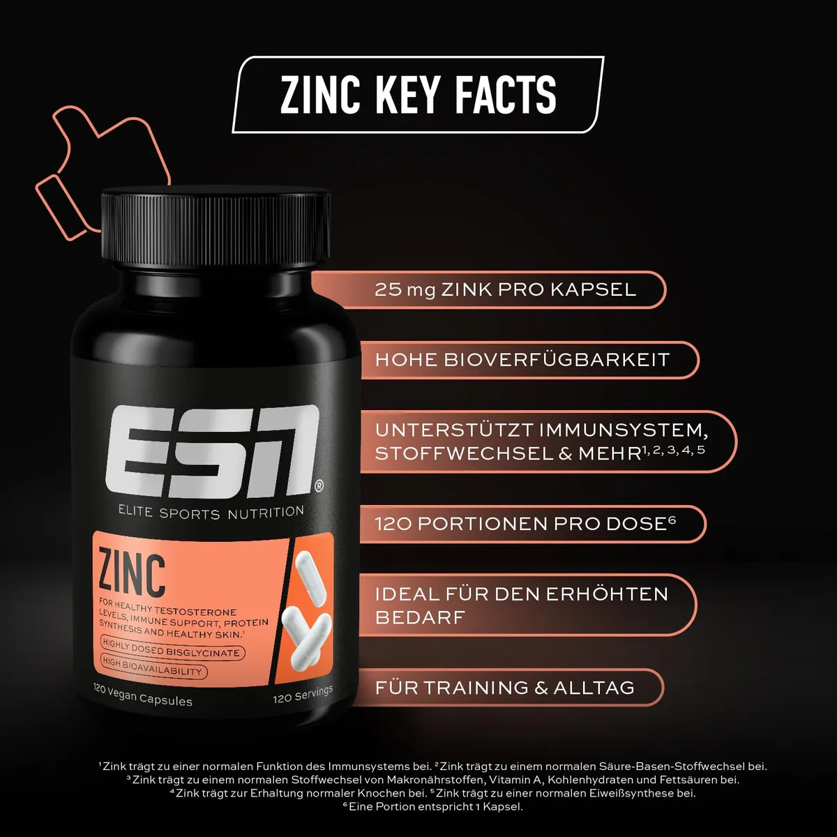 ESN Zinc, 120 Kapseln, Zinkbisglycinat, 25 mg Zink pro Kapsel, vegan – Bild 3