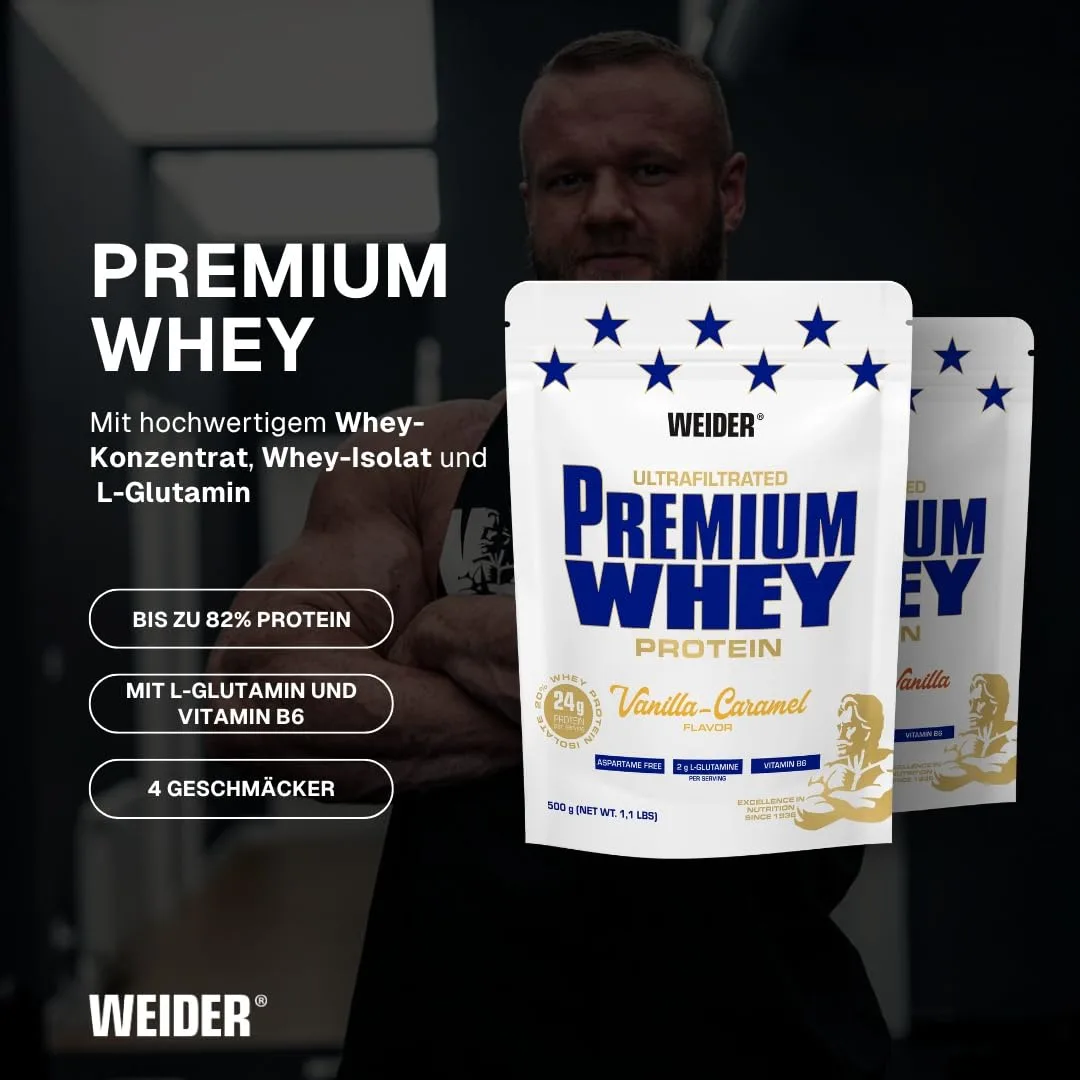 Weider Premium Whey Protein Pulver - Hoher Proteingehalt, wenig Kohlenhydrate & wenig Fett mit L-Glutamin und Vitamin B6-500g - Vanilla-Karamell – Bild 2