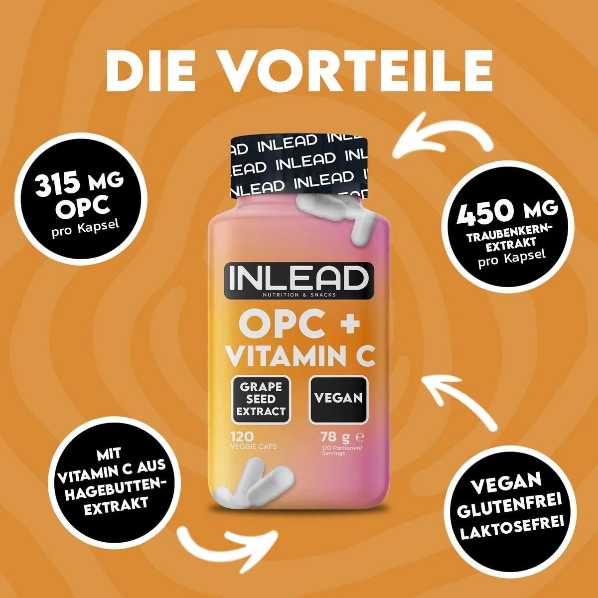 INLEAD - OPC + Vitamin C Caps | Traubenkernextrakt mit OPC & Vitamin C aus Hagebutte | Für bewusste Ernährung & aktiven Alltag - 120 Kapseln – Bild 2