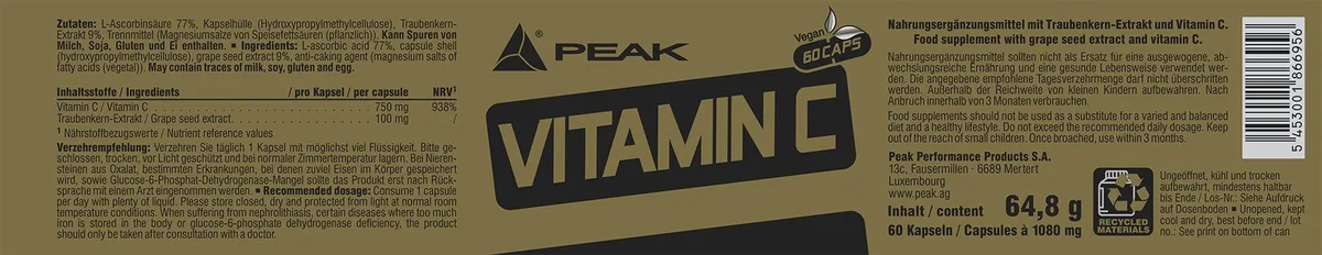 PEAK Vitamin C - 60 Kapseln I Hochdosierter Antioxidantien-Komplex ergänzt mit Traubenkernextrakt (OPC) für Immunsystem, Energiestoffwechsel I vegan – Bild 2