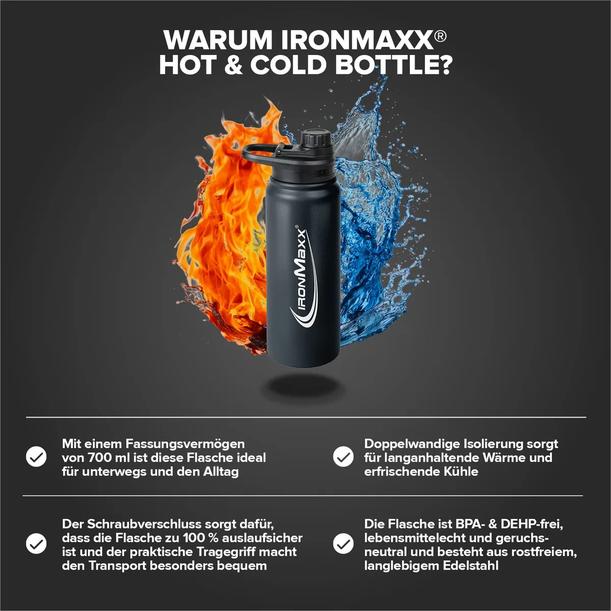Hot & Cold Bottle Insulated Steel (800ml) - Deep Black – Bild 3