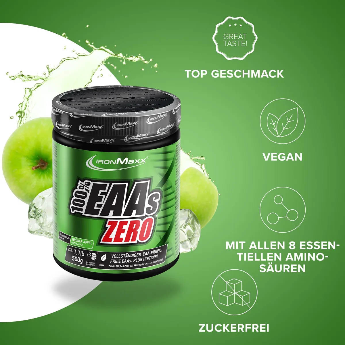 IronMaxx 100% EAAs Apple 500g - EAAs Pulver hochdosiert, Vegan und zuckerfrei, 8 essentielle Aminosäuren zur Ergänzung deiner Sporternährung – Bild 2