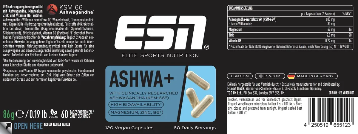 ESN Ashwa +, Ashwagandha hochdosiert, patentiertes KSM 66®, 120 Kapseln, mit Magnesium, Vitamin B6 & Zink - made in Germany – Bild 4