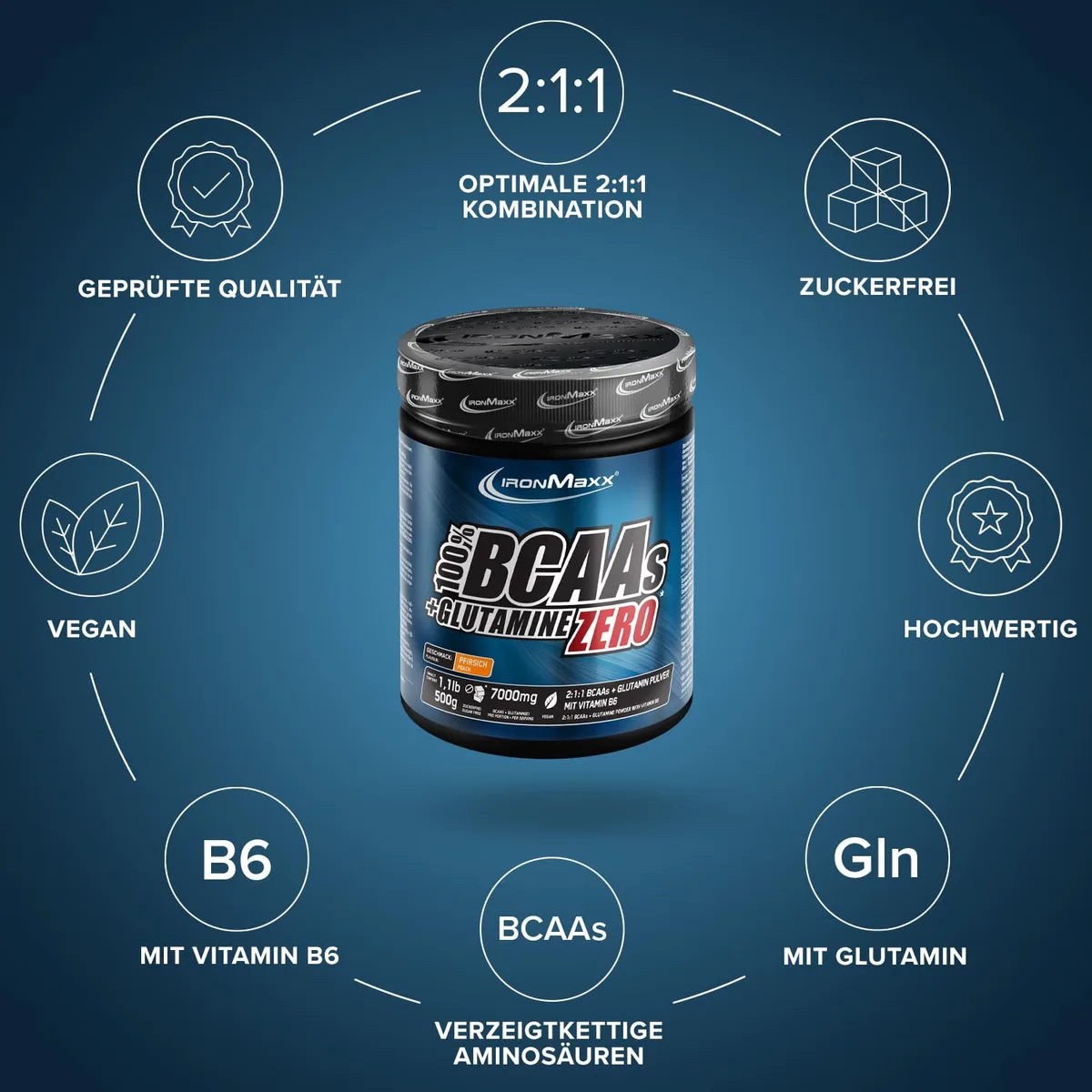 IronMaxx 100% BCAAs + Glutamine Zero - Pfirsich 500g | veganes & zuckerfreies Aminosäuren Pulver mit Vitamin B6 | 6000 mg BCAA´s und 1000 mg Glutamin pro Portion – Bild 5