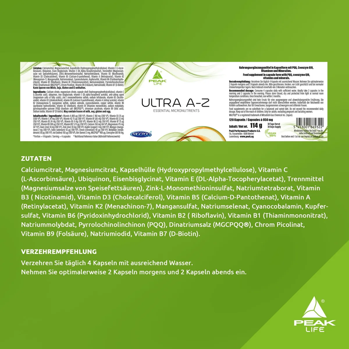 PEAK Ultra A-Z - 120 Kapseln I 30 Portionen I Multivitamin I 14 Vitamine I 11 Mineralstoffe und Spurenelemente I mit MGCPQQ I Coenzym Q10 I Bor I hohe Bioverfügbarkeit I verbesserte Formel – Bild 5
