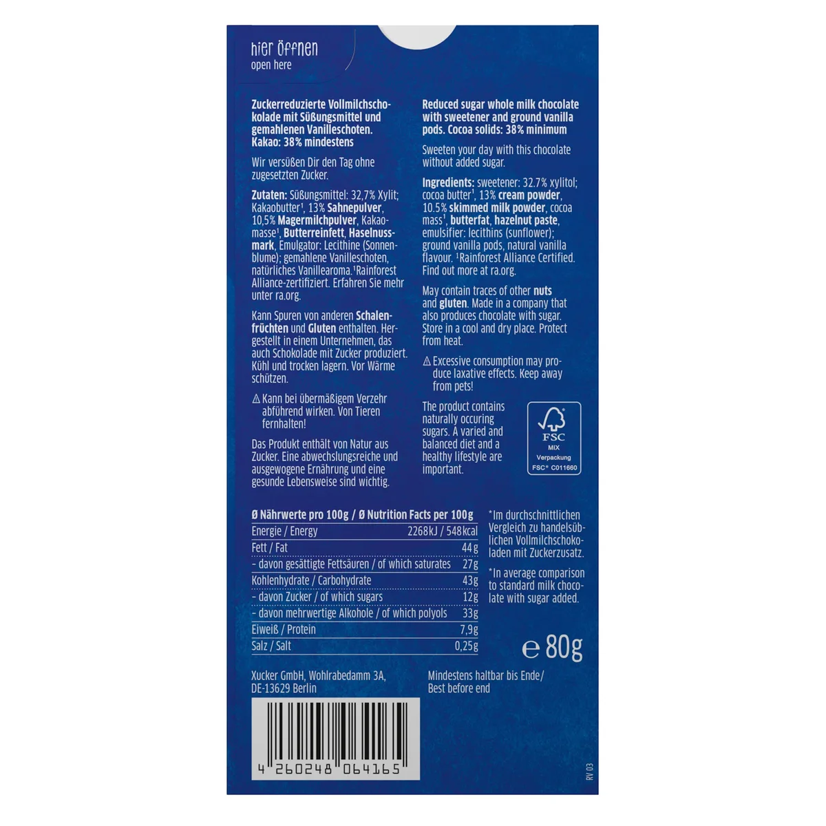 Xylit-Schokolade Vollmilch (80g) – Bild 2