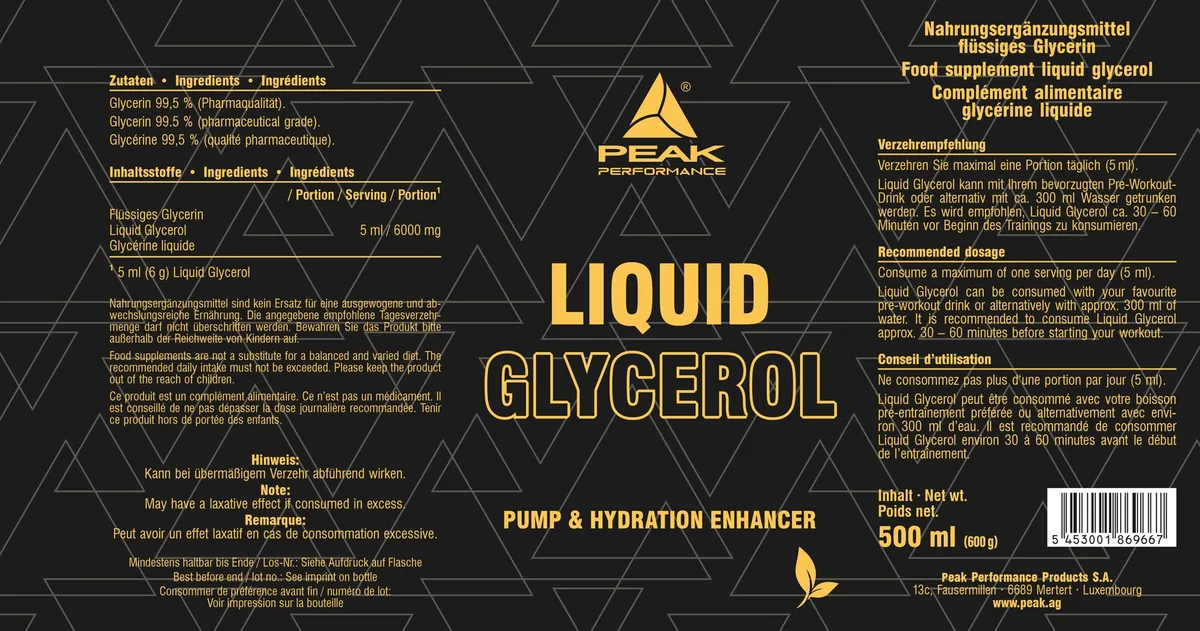 PEAK Liquid Glycerol – 500ml I 100 Portionen I flüssiges Glycerin I verbesserte Hydration I optimierter Muskelpump I Pre-Workout-Booster Add-On – Bild 2