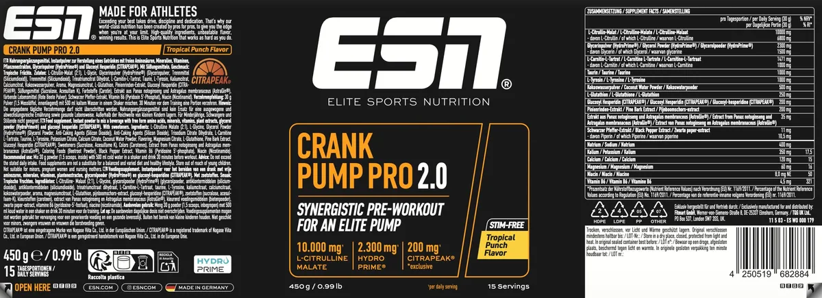 ESN Crank Pump Pro 2.0, Tropical Punch, 450 g, Pre Workout Booster - made in Germany – Bild 4