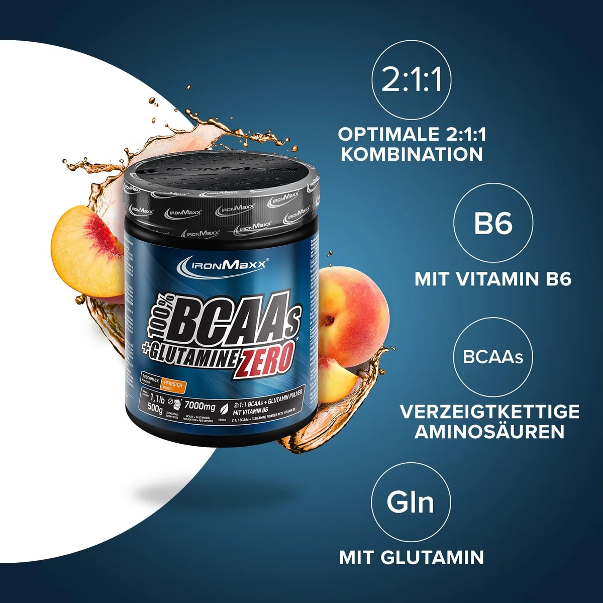 IronMaxx 100% BCAAs + Glutamine Zero - Pfirsich 500g | veganes & zuckerfreies Aminosäuren Pulver mit Vitamin B6 | 6000 mg BCAA´s und 1000 mg Glutamin pro Portion – Bild 2