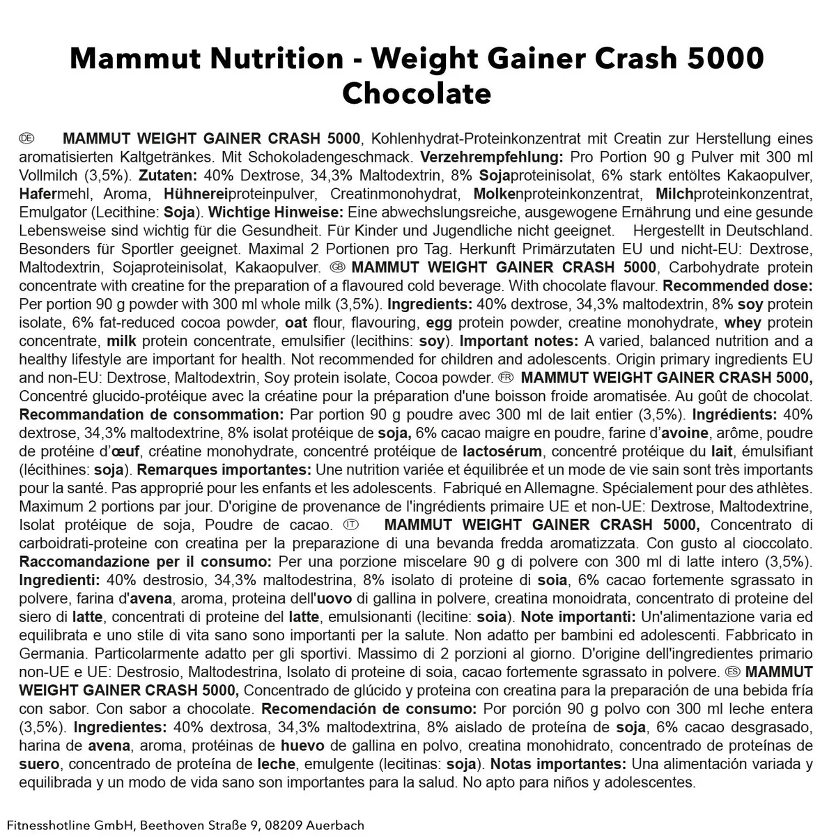 Weight Gainer Crash 5000 (4500g) Schoko – Bild 8