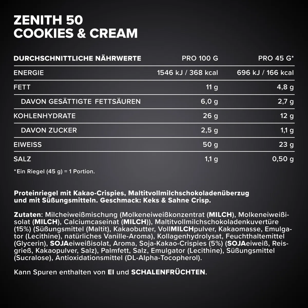 ZENITH® 50 Protein Riegel (45g) - Cookies & Cream – Bild 4