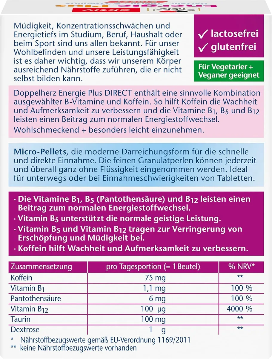 Energie Plus Koffein + Taurin + B-Vitamine Direct (20 Portionsbeutel) – Bild 2