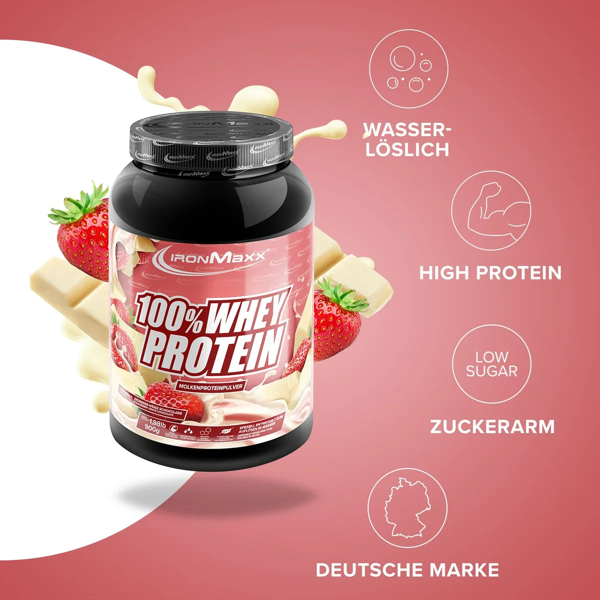 100% Whey Protein (900g) - Weiße Schokolade Erdbeere – Bild 2