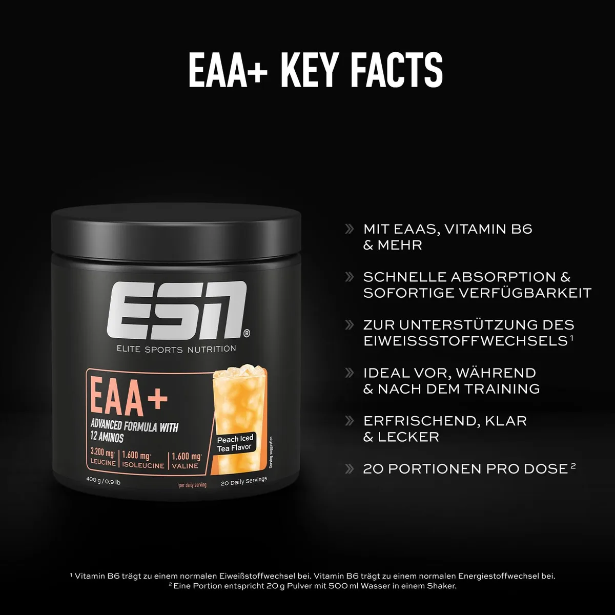 ESN EAA+, Peach Iced Tea, 400 g, allen 9 EAAs & Vitamin B6, 3,2 g Leucin pro Portion, ideale Löslichkeit, vegan - made in Germany – Bild 3