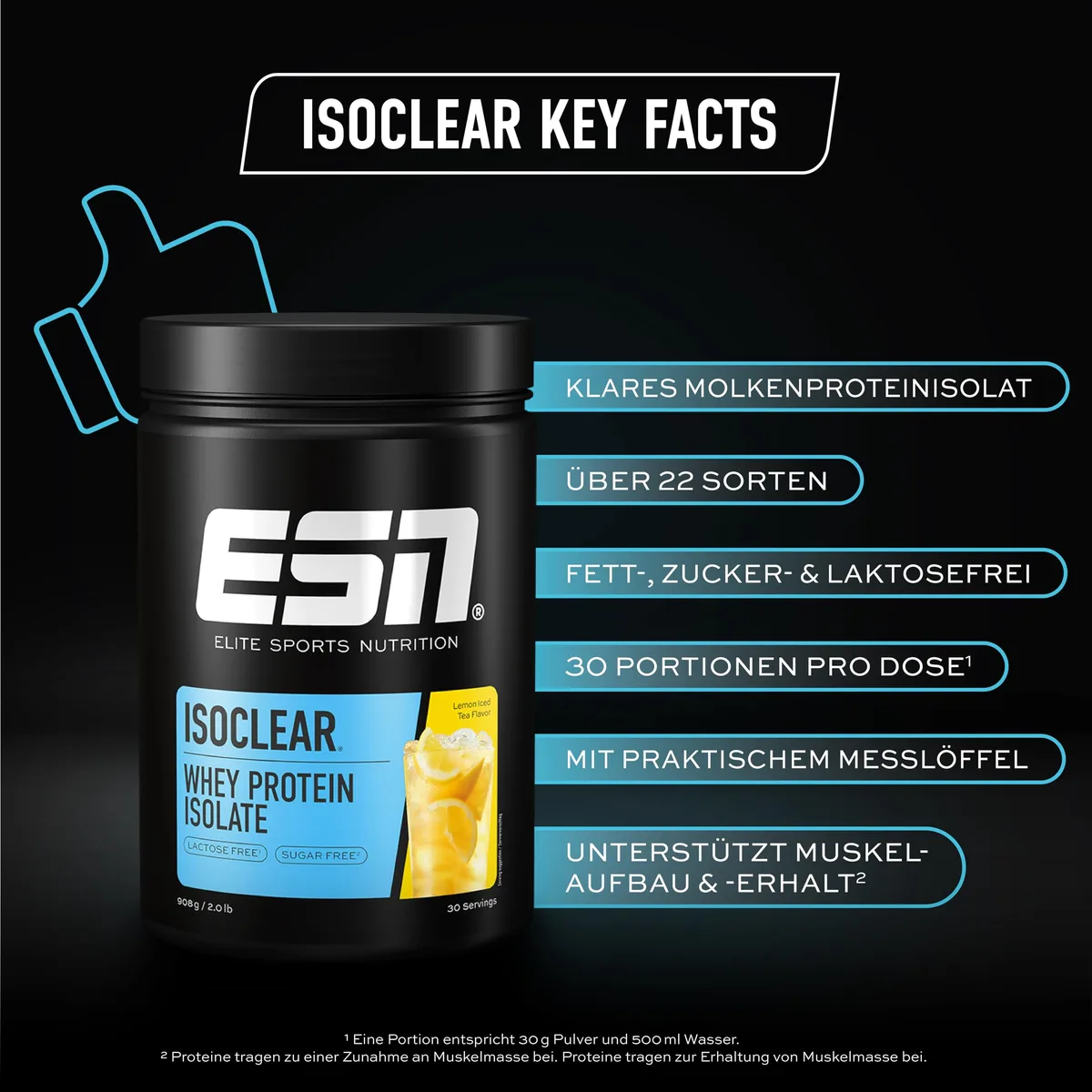 ESN ISOCLEAR Whey Isolate Protein Pulver, Lemon Iced Tea, 908 g, Proteinlimo mit fruchtig leckerem Geschmack, clear Whey - made in Germany – Bild 3