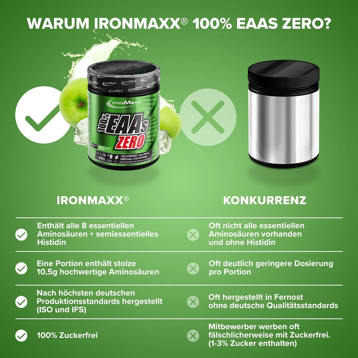 IronMaxx 100% EAAs Apple 500g - EAAs Pulver hochdosiert, Vegan und zuckerfrei, 8 essentielle Aminosäuren zur Ergänzung deiner Sporternährung – Bild 3