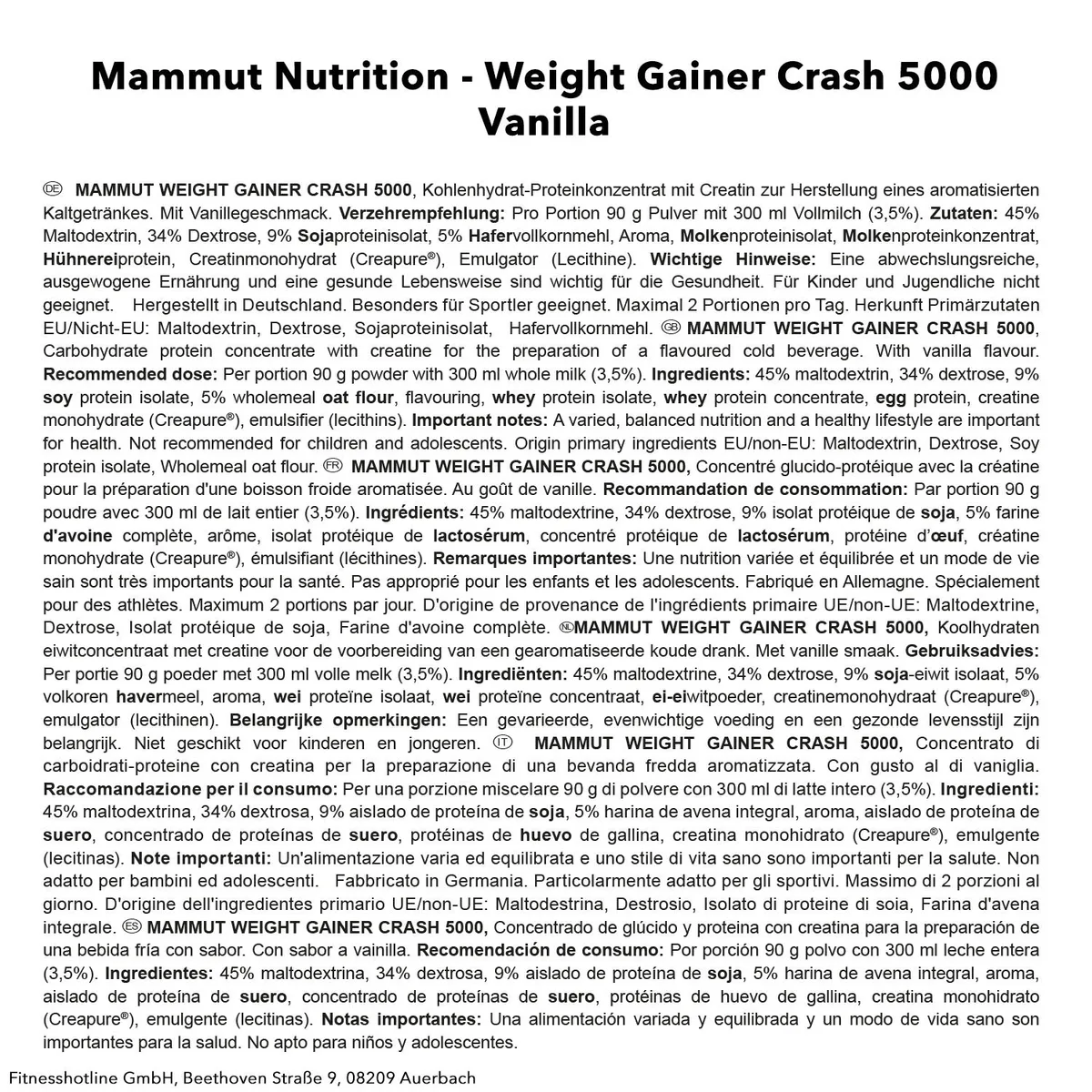 Weight Gainer Crash 5000 (4500g) Schoko – Bild 2