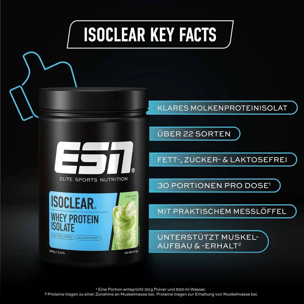 ESN ISOCLEAR Whey Isolate Protein Pulver, Green Apple, 908 g, Clear Whey – Bild 3