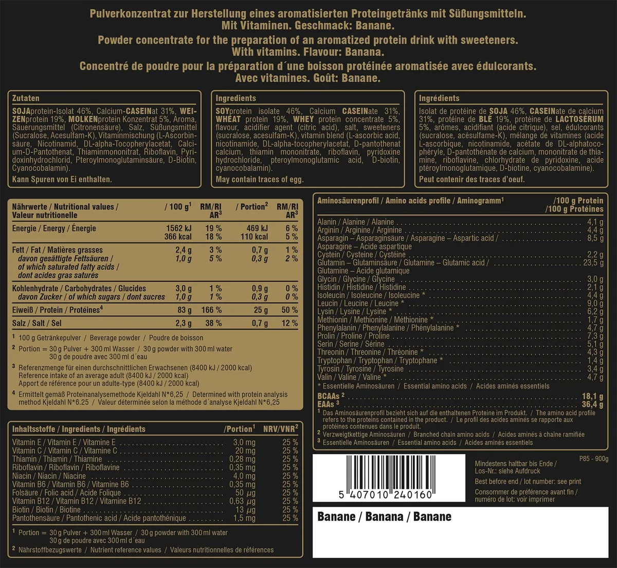 PEAK Protein 85-900g Geschmack Banana I 30 Portionen I Pulver I Mehrkomponentenprotein I Proteinquelle: Sojaprotein, Casein, Weizenprotein I Vitaminzusatz – Bild 3