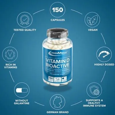 IronMaxx Vitamin D Bioactive - 150 Kapseln | Bioaktives Vitamin D für gesunde Knochen und Immunsystem | 5 µg Vitamin D pro Kapsel – Bild 5