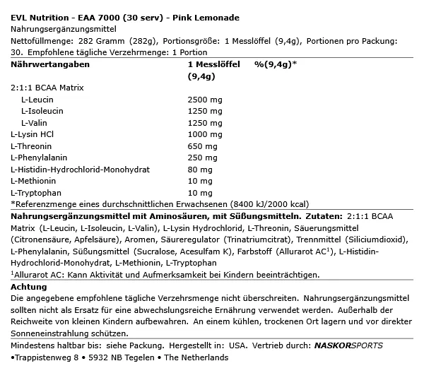 EVL Nutrition Essential Amino EAA 7000, 30 Portionen – Bild 2