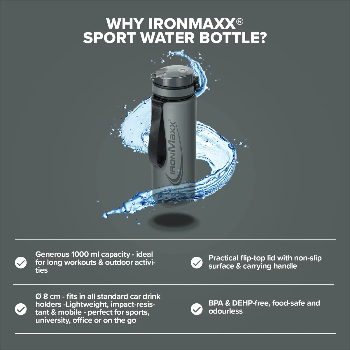 Sport Water Bottle (1000ml) - Ash Grey – Bild 8