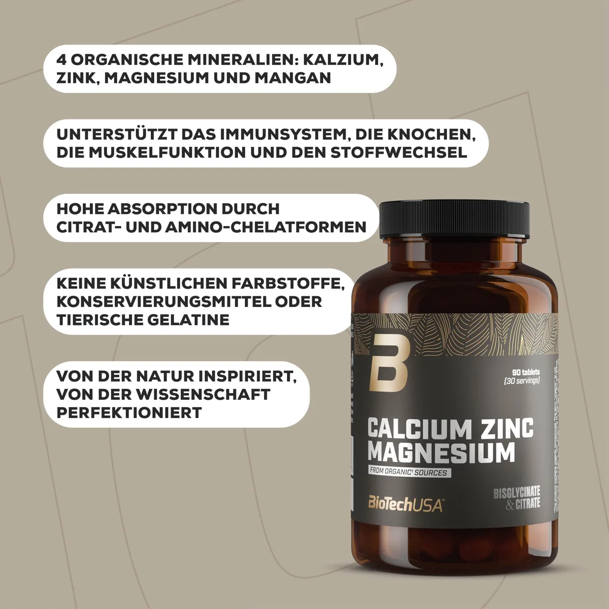 BioTechUSA Calcium Zinc Magnesium from Organic Sources | 4 Arten biologischer Mineralien | Synergistische Formel für Knochen, Muskeln, Nerven- und Immunsystem, 90 Tabletten – Bild 3