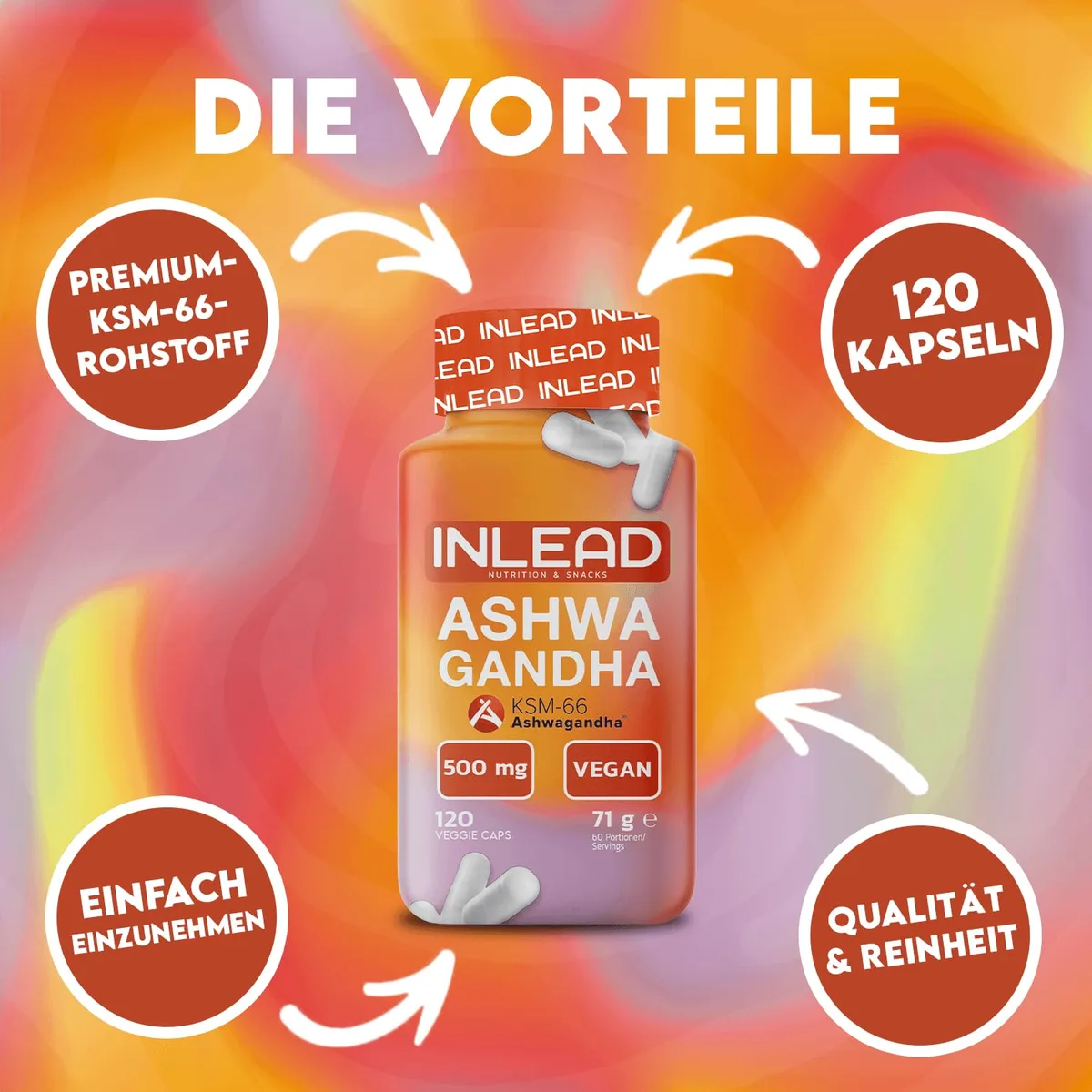 INLEAD - Ashwagandha KSM-66 | Hochwirksamer Ashwagandha-Extrakt für Stressabbau und Wohlbefinden - 120 Kapseln – Bild 2