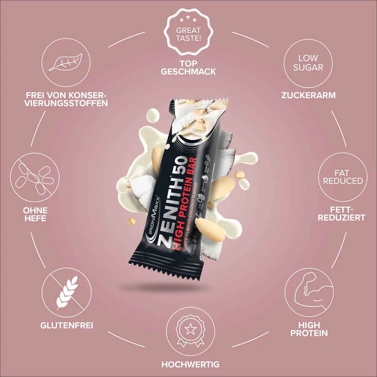 ZENITH® 50 Protein Riegel (16x45g) - White Almond Coconut Crisp – Bild 5