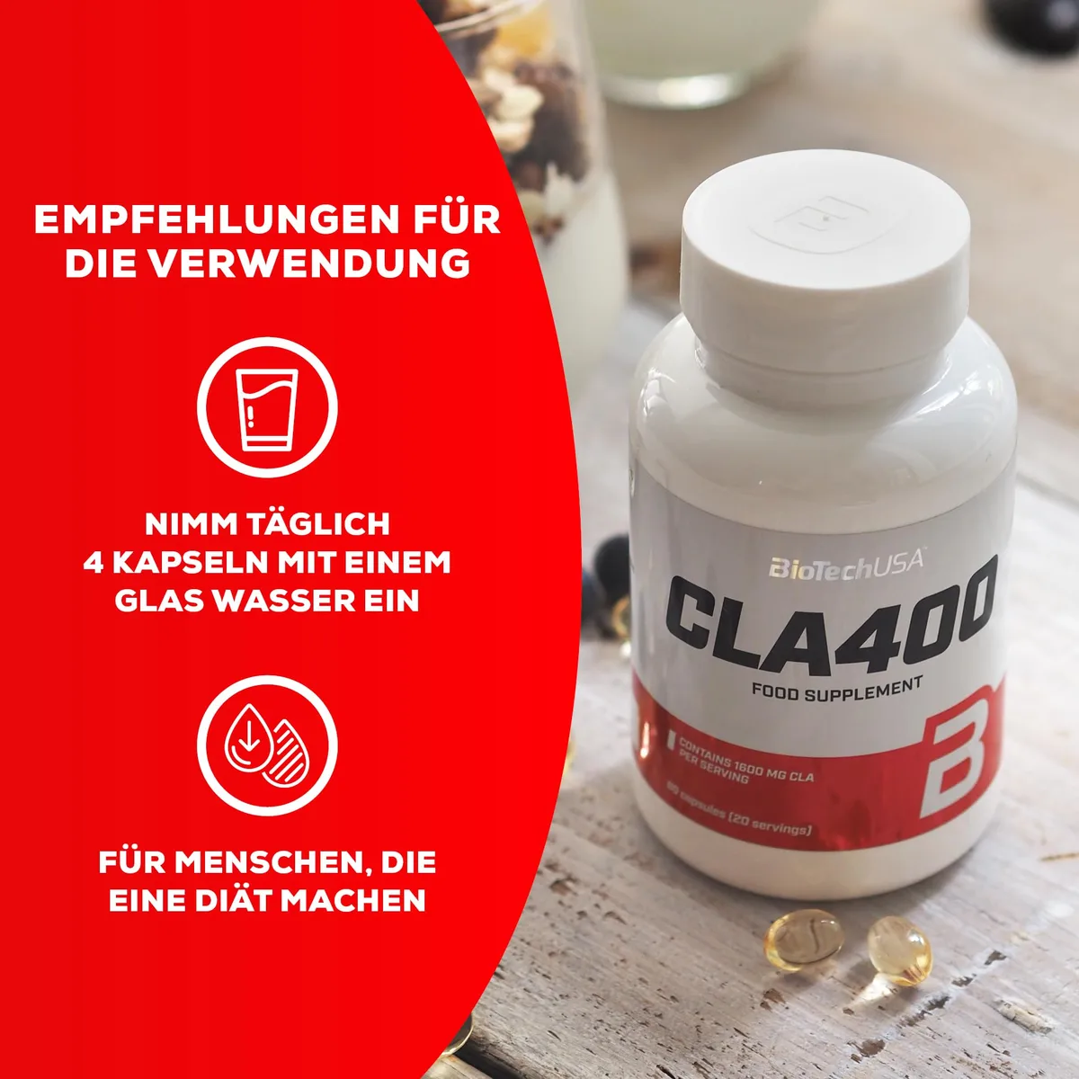 BioTechUSA CLA 400 Nahrungsergänzungsmittel Weichgelatinekapseln, die konjugierte Linolsäure enthalten, 80 Softgel Kapseln – Bild 3