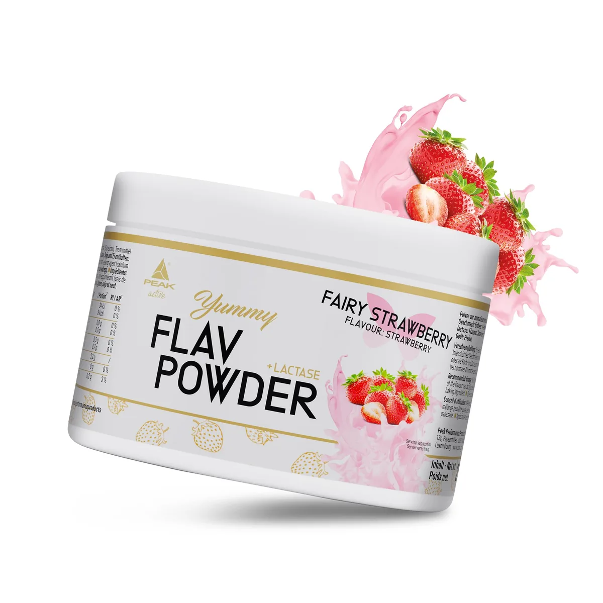 PEAK Yummy Flav Powder - 250g Geschmack Fairy Strawberry I 50 Portionen I Geschmackspulver zum Süßen fast ohne Kalorien und ohne Zuckerzusatz I mit Inulin und dem Verdauungsenzym Laktase I vegan