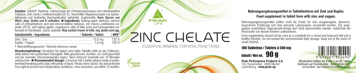 PEAK Zink Chelat - 180 Tabletten I 360 Portionen I 90g Packung I hohe Bioverfügbarkeit dank Chelat-Form I mit Kupfer optimiert I Haut, Haare, Nägel I normale Funktion des Immunsystems – Bild 2