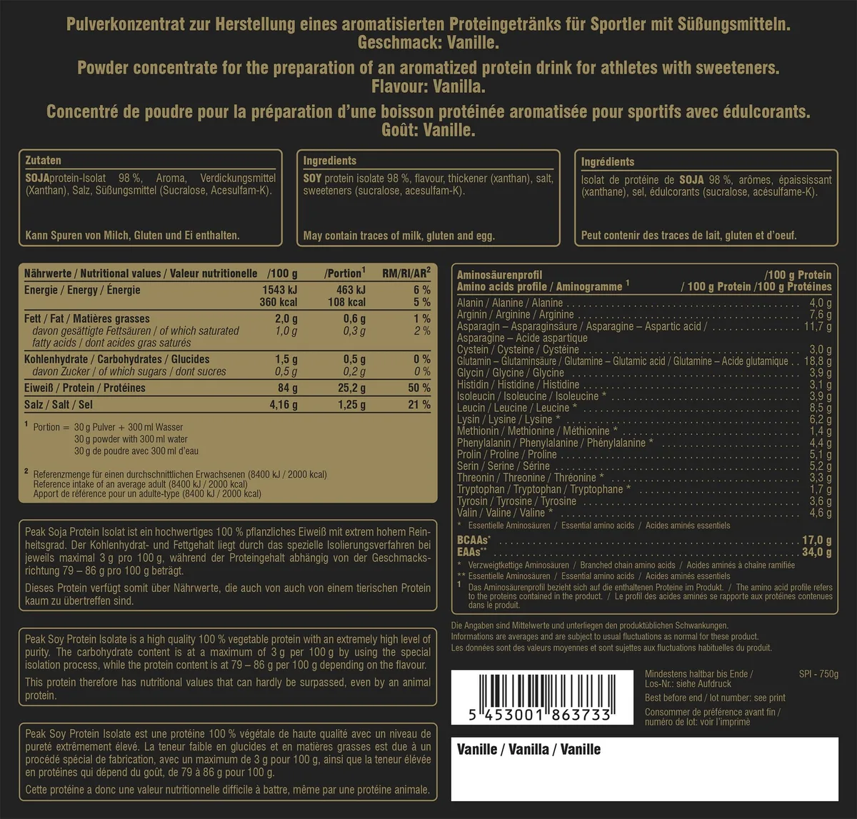 PEAK Soja Protein Isolat - 750g Geschmack Vanilla I 25 Portionen I Pulver I Proteinquelle: Soy, pflanzliches Eiweiß I GMO - free I hoher EAA Gehalt I Muskelaufbau I glutenfrei – Bild 4