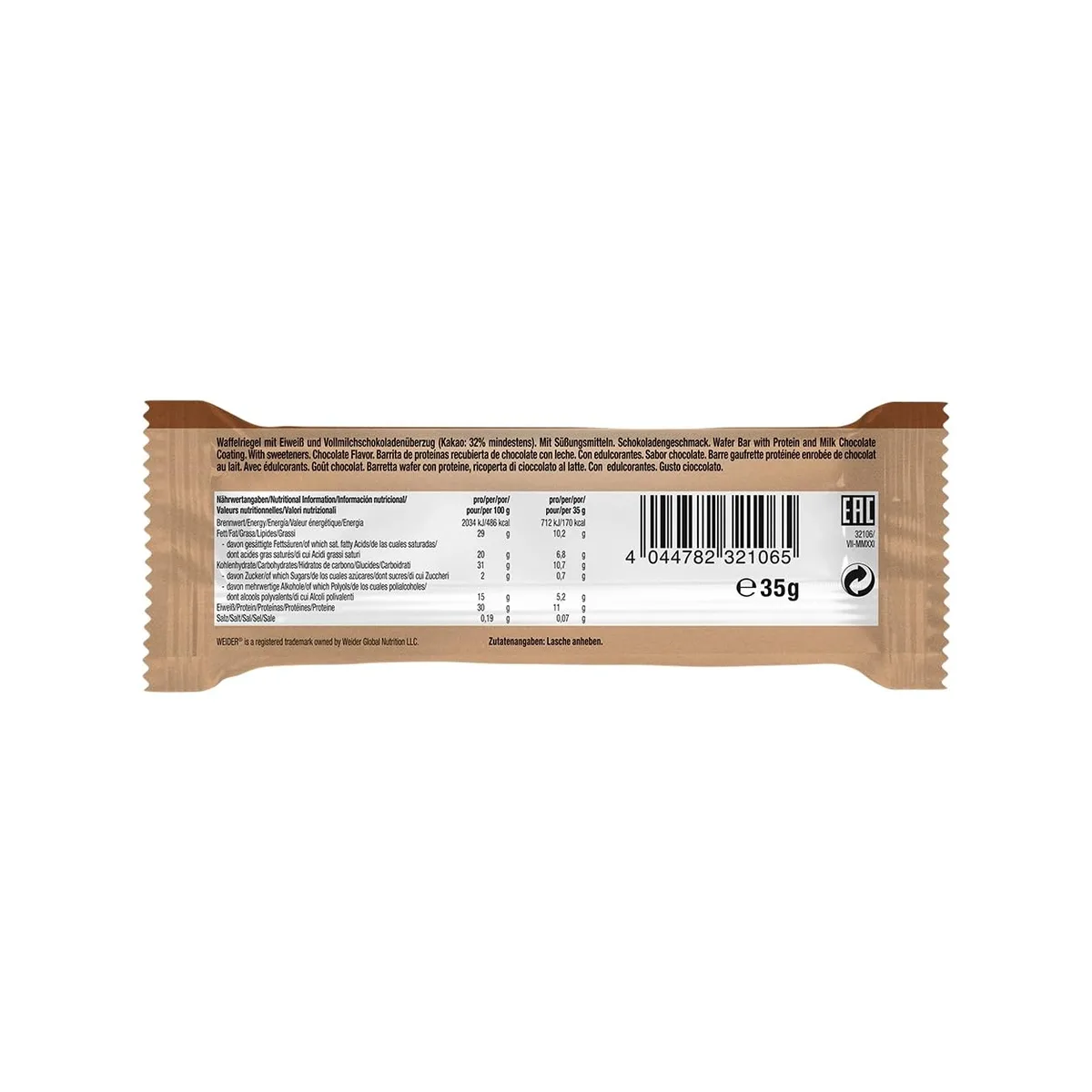 Weider - Whey Wafer - Knuspriger Proteinriegel mit 30% Eiweiß und Schokoladenüberzug - Wenig Zucker, Protein Snack - Box mit 12x35g - Schoko – Bild 5