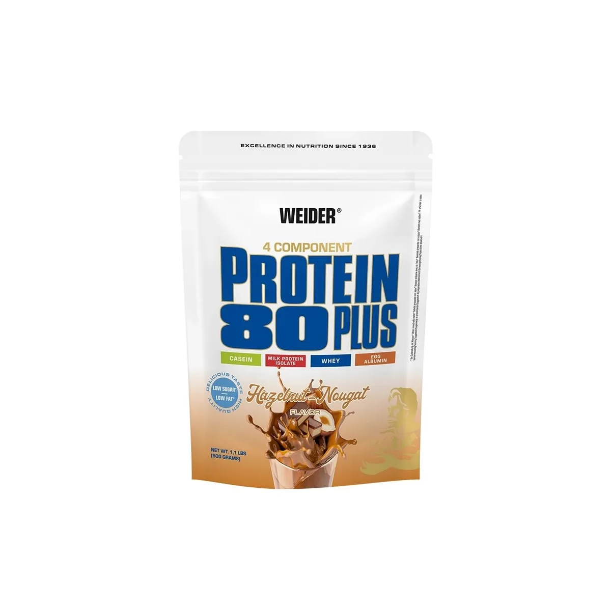 Weider - Protein 80 Plus - 4-Komponenten Protein Pulver - Hoher Proteingehalt mit 80% Eiweiß - Cremige Shakes mit Calcium & Vitamin B6 - 500g - Haselnuss-Nougat