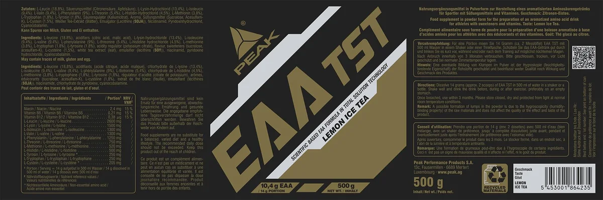 PEAK EAA - TS-Technology - 500g Geschmack Lemon Ice Tea I Pulver I alle essentiellen Aminosäuren I Muskelaufbau I schnell resorbierbar I vegan I B - Vitamine – Bild 2
