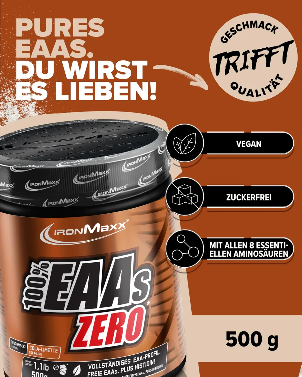 IronMaxx 100% EAAs Zero Cola & Lime 500g - EAAs Pulver hochdosiert, Vegan und zuckerfrei, 8 essentielle Aminosäuren zur Ergänzung deiner Sporternährung – Bild 3