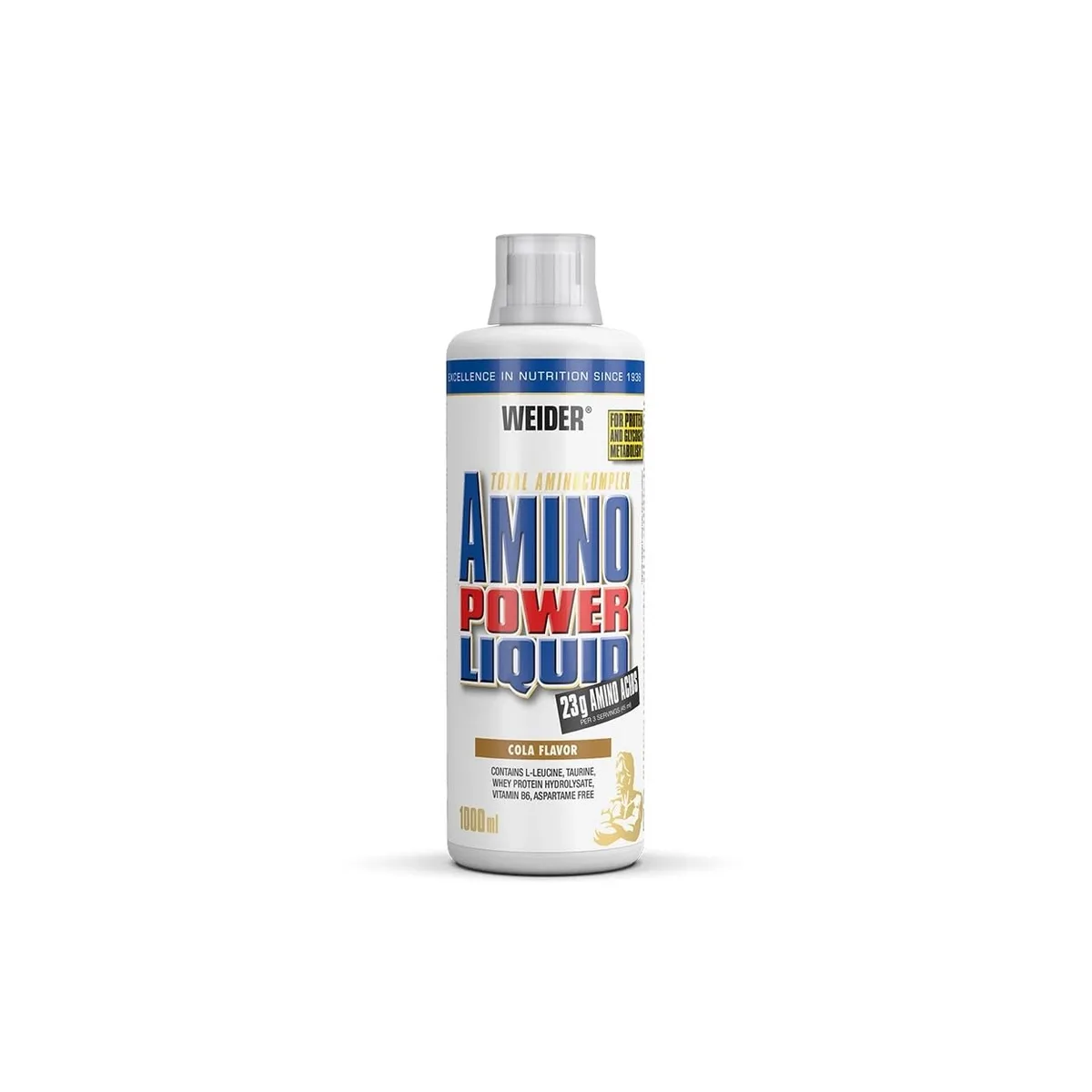 Weider - Amino Power Liquid - Flüssiges Hydrolysiertes Protein - Aminosäuren - 23g Protein pro 45 ml für Muskelaufbau - Mit L-Leucin, Taurin, Vitamin B6 - 1 Liter - Cola