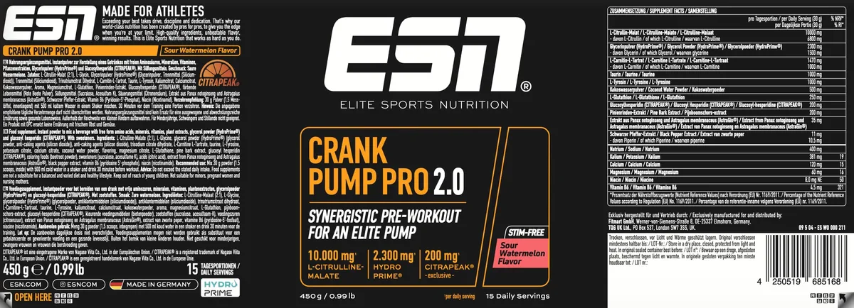 ESN Crank Pump Pro 2.0, Sour Watermelon, 450 g, Pre Workout Booster - made in Germany – Bild 4