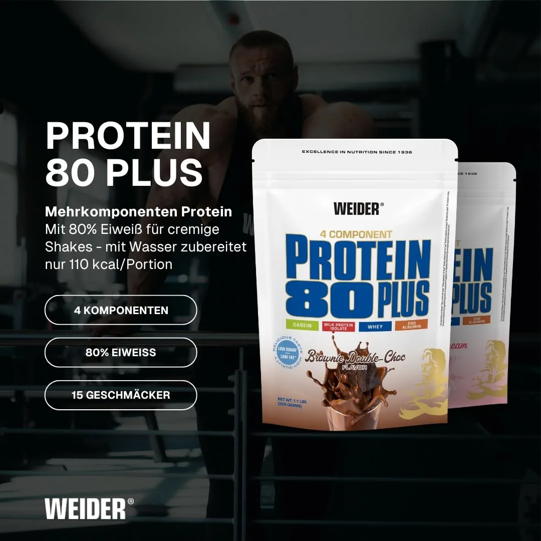 Weider - Protein 80 Plus - 4-Komponenten Protein Pulver - Hoher Proteingehalt mit 80% Eiweiß - Cremige Shakes mit Calcium & Vitamin B6 - 500g - Brownie Double-Choc – Bild 2