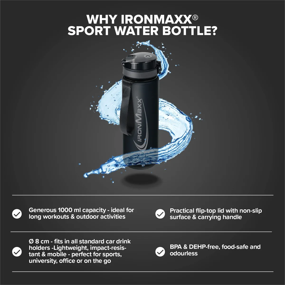 Sport Water Bottle (1000ml) - Deep Black – Bild 3