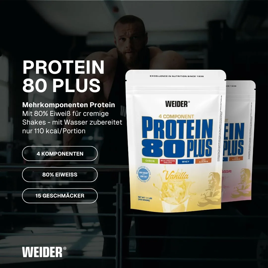 Weider - Protein 80 Plus - 4-Komponenten Protein Pulver - Hoher Proteingehalt mit 80% Eiweiß - Cremige Shakes mit Calcium & Vitamin B6 - 500g - Vanille – Bild 2