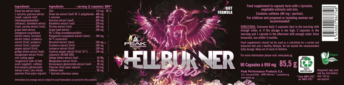 PEAK Hellburner Hers - 90 Kapseln I 30 Portionen I Diätunterstützer und Stoffwechsel-Booster für Frauen I mit Koffein, Grüntee Extrakt, Capsaicin, Ginkgo Biloba und Resveratrol I vegan – Bild 4