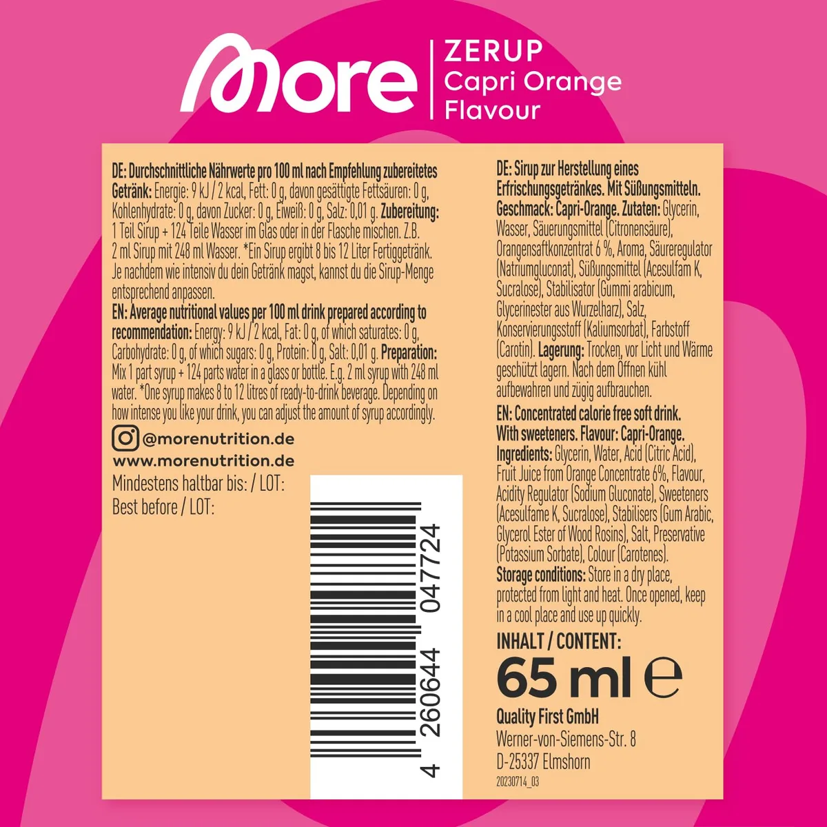 MORE Zerup, Capri Orange, 65 ml, für bis zu 8 l Fertiggetränk, zuckerfreier Sirup mit u.a. echten Fruchtextrakten, vegan, zero Kalorien - made in Germany – Bild 4