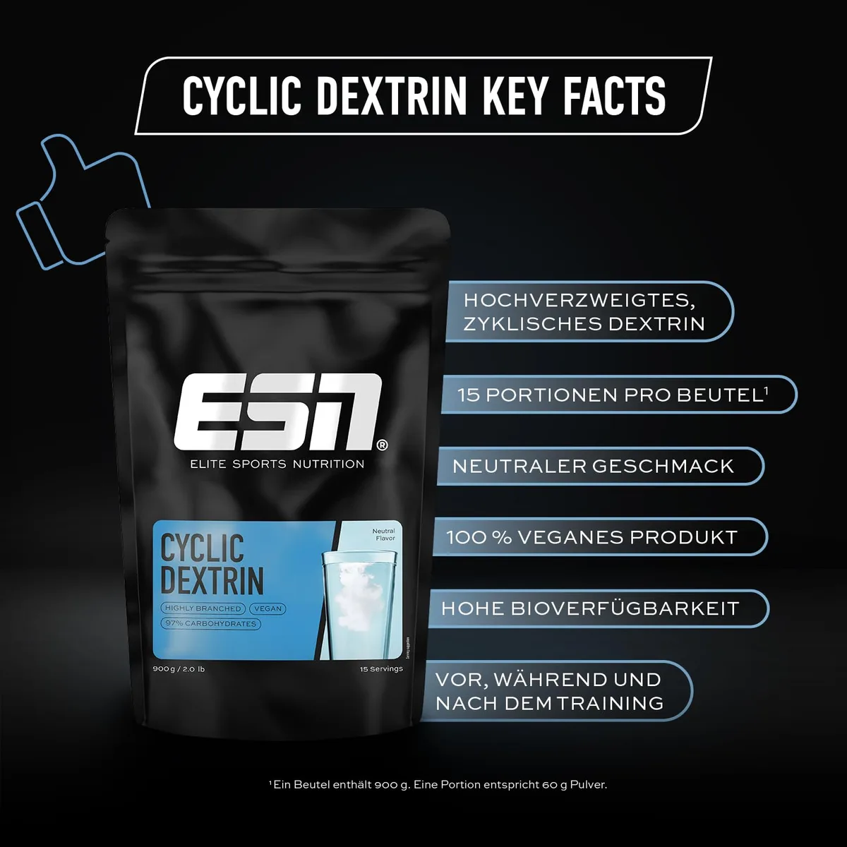 ESN Cyclic Dextrin, 900 g Beutel, 15 Portionen, Neutral, hochverzweigtes zyklisches Dextrin, laktosefrei & vegan, made in Germany – Bild 2