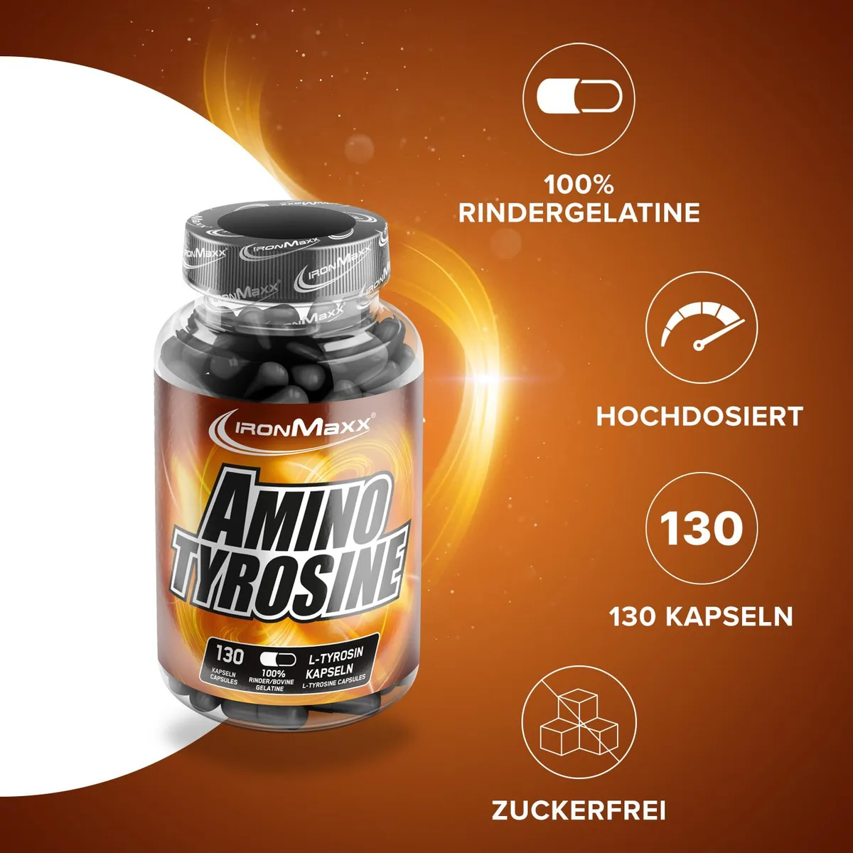 IronMaxx Amino Tyrosin – 130 Kapseln | Nahrungsergänzungsmittel mit L-Tyrosin | 700 mg pro Kapsel | Für körperliche und geistige Belastungen – Bild 2