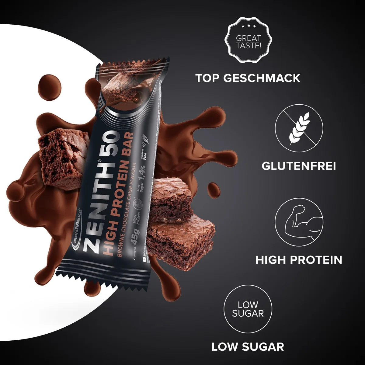 ZENITH® 50 Protein Riegel (45g) - Brownie Chocolate Crisp – Bild 2