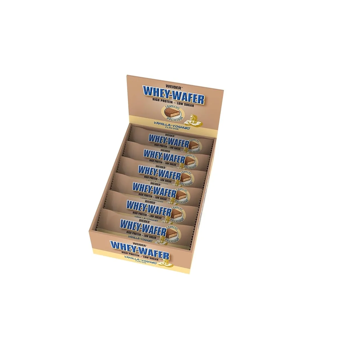 Weider - Whey Wafer - Knuspriger Proteinriegel mit 30% Eiweiß und Schokoladenüberzug - Wenig Zucker, Protein Snack - Box mit 12x35g - Vanille Joghurt – Bild 6